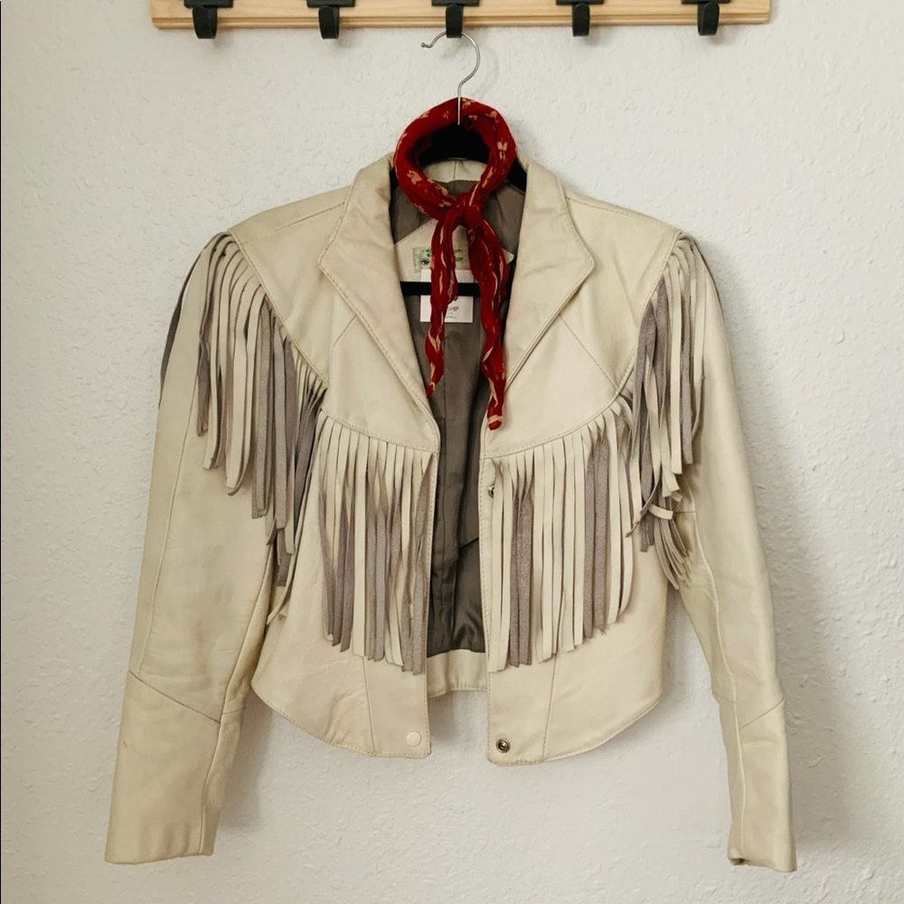 White Fringe Leather Jacket by Genuine Leather